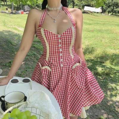 Sweet red plaid single breasted heart pocket halter neck mini dress
