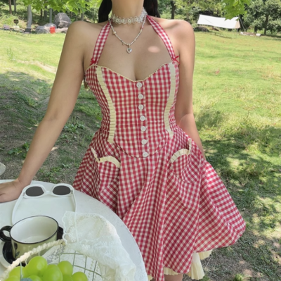 Sweet Red Plaid Single Breasted Heart Pocket Halter Neck Mini Dress