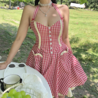 Sweet Red Plaid Single Breasted Heart Pocket Halter Neck Mini Dress - Thumbnail 3