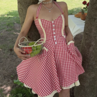 Sweet Red Plaid Single Breasted Heart Pocket Halter Neck Mini Dress - Thumbnail 4