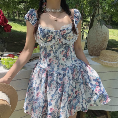 Blue floral 3d underwire ruffle trim mini dress