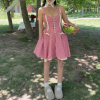 Sweet Red Plaid Single Breasted Heart Pocket Halter Neck Mini Dress - Thumbnail 5