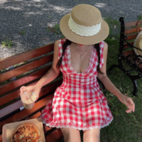 Retro Sexy V-neck Plaid Waist Sleeveless Dress - Thumbnail 4