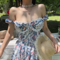 Blue Floral 3D Underwire Ruffle Trim Mini Dress - Thumbnail 4