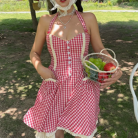 Sweet Red Plaid Single Breasted Heart Pocket Halter Neck Mini Dress - Thumbnail 6