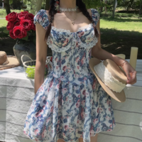 Blue Floral 3D Underwire Ruffle Trim Mini Dress - Thumbnail 5