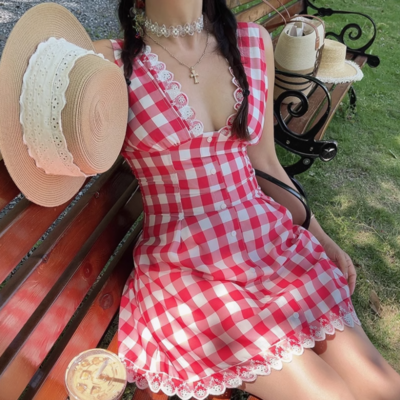 Retro sexy v-neck plaid waist sleeveless dress