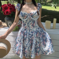 Blue Floral 3D Underwire Ruffle Trim Mini Dress - Thumbnail 6