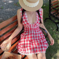 Retro Sexy V-neck Plaid Waist Sleeveless Dress - Thumbnail 6