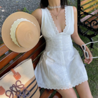 V-neck high waist slim fit lace vest dress short skirt - Thumbnail 1