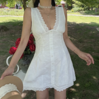 V-neck high waist slim fit lace vest dress short skirt - Thumbnail 5