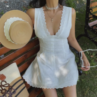 V-neck high waist slim fit lace vest dress short skirt - Thumbnail 6