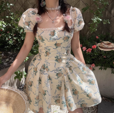 Floral Printed Tulle Lace Square Neck Puff Sleeve Dress
