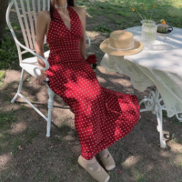 Retro holiday polka dot print sexy V-neck halter dress - Thumbnail 3