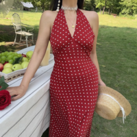 Retro holiday polka dot print sexy V-neck halter dress - Thumbnail 1