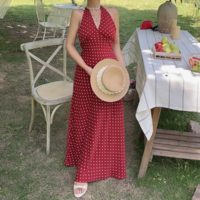 Retro holiday polka dot print sexy V-neck halter dress - Thumbnail 4
