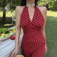 Retro holiday polka dot print sexy V-neck halter dress - Thumbnail 2