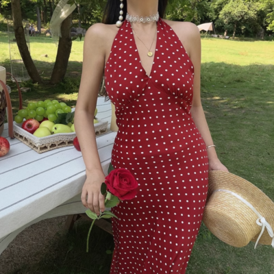 Retro holiday polka dot print sexy v-neck halter dress
