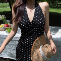 Retro holiday polka dot print sexy V-neck halter dress - Thumbnail 2