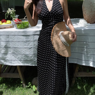 Retro holiday polka dot print sexy v-neck halter dress