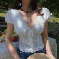 White lace V-neck top with ties on the chest - Thumbnail 5
