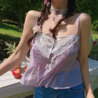 Flat shoulder lace Tencel single-breasted solid surface small camisole - Thumbnail 4