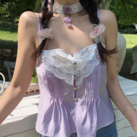 Flat shoulder lace Tencel single-breasted solid surface small camisole - Thumbnail 5