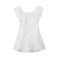 One-shoulder lace short-sleeved waisted A-line dress - Thumbnail 3