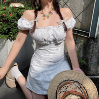 One-shoulder lace short-sleeved waisted A-line dress - Thumbnail 4