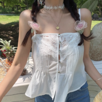 Flat shoulder lace Tencel single-breasted solid surface small camisole - Thumbnail 3