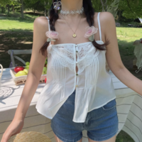 Flat shoulder lace Tencel single-breasted solid surface small camisole - Thumbnail 1