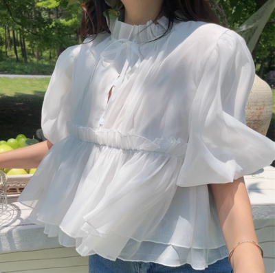 Square collar flower sleeves tie short sleeves casual baby doll blouse