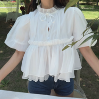 Square collar flower sleeves tie short sleeves casual baby doll blouse - Thumbnail 3