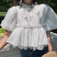 Square collar flower sleeves tie short sleeves casual baby doll blouse - Thumbnail 4