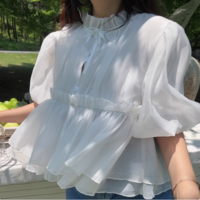 Square collar flower sleeves tie short sleeves casual baby doll blouse - Thumbnail 5
