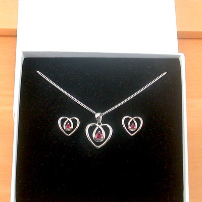 Boxed gift set/sterling silver ruby(lab created) necklace & earrings/ruby heart earrings/ruby heart necklace/july birthstone/ruby jewellery