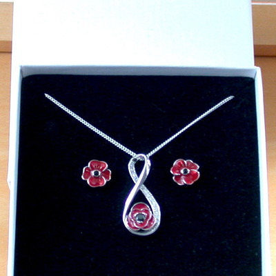 Boxed gift set/sterling silver poppy necklace and earrings/poppy necklace/poppy earrings/remembrance day/remembrance day jewellery/poppy gift/uk