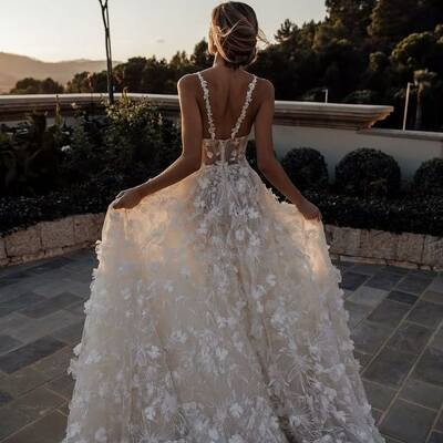 Luxury floral wedding dress, lace flowers tulle wedding dress bridal gown