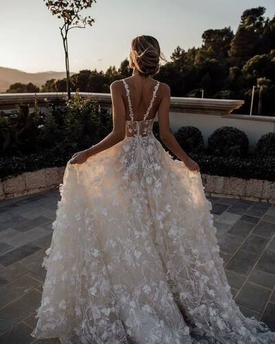 Luxury Floral Wedding Dress, Lace Flowers Tulle Wedding Dress Bridal Gown