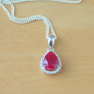 925 ruby (lab created) pear pendant & 18" silver chain/ruby jewellery/ruby jewelry/925 silver ruby necklace/july birthstone/red ruby jewelry
