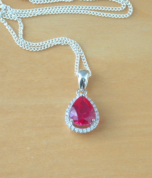 925 Ruby (Lab Created) Pear Pendant & 18" Silver Chain/Ruby Jewellery/Ruby Jewelry/925 Silver Ruby Necklace/July Birthstone/Red Ruby Jewelry