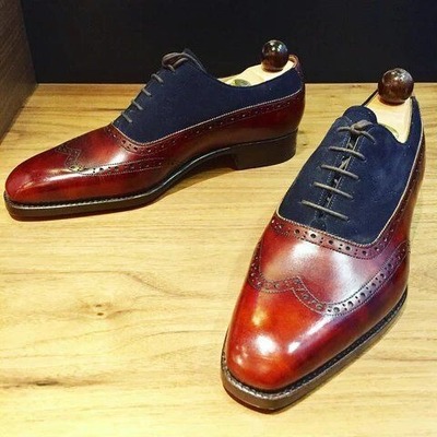 Handmade Men Red Calf Blue Suede Leather Wingtip Oxford Dress Shoes