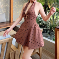 Fashionable sexy hot girl deep V flocked polka dot halter neck dress - Thumbnail 1