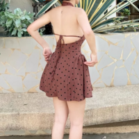 Fashionable sexy hot girl deep V flocked polka dot halter neck dress - Thumbnail 3