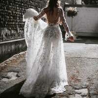 Romantic A-Line Long Sleeves White Lace Wedding Dresses,1115 - Thumbnail 1