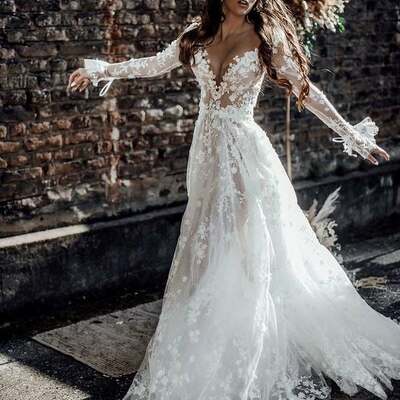 Romantic a-line long sleeves white lace wedding dresses,1115