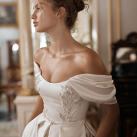 Ruched Off-the-shoulder Satin Bride Dress for Wedding,1117 - Thumbnail 1