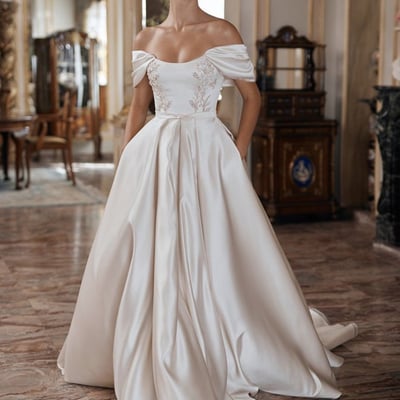 Ruched off-the-shoulder satin bride dress for wedding,1117