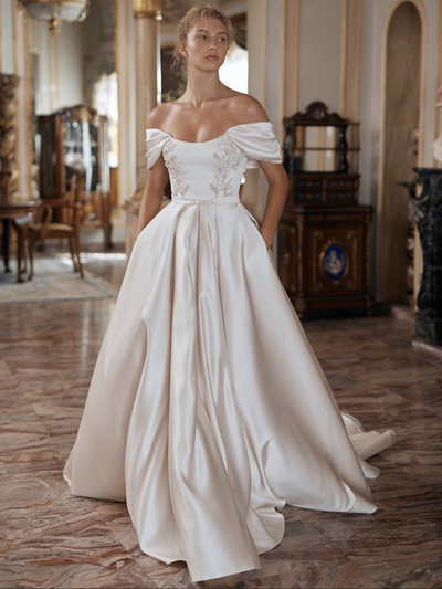 Ruched Off-the-shoulder Satin Bride Dress for Wedding,1117