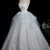 Blue Tulle Lace Long Prom Dress, A-Line Fairy Evening Dress - Thumbnail 3